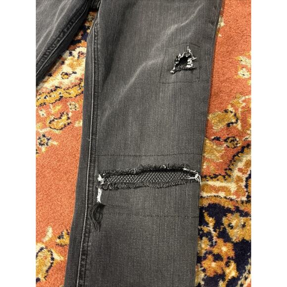 Free People Fishnet Patch Skinny Jean Button Fly Washed Out Black Womens 27 - Picture 2 of 7